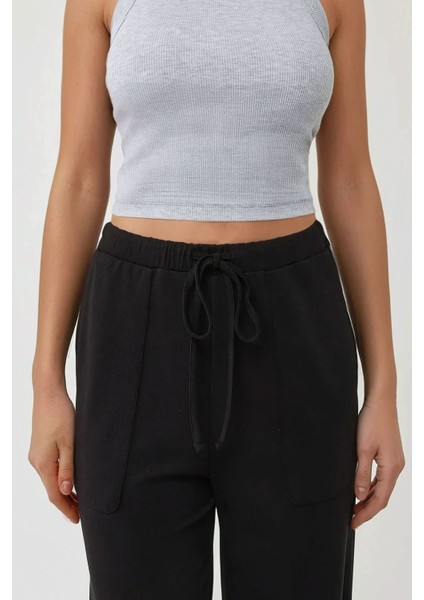 Kadın Wide Leg Beli Lastikli Dokulu Örme Pantolon Black