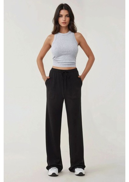Kadın Wide Leg Beli Lastikli Dokulu Örme Pantolon Black