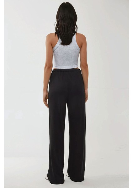 Kadın Wide Leg Beli Lastikli Dokulu Örme Pantolon Black
