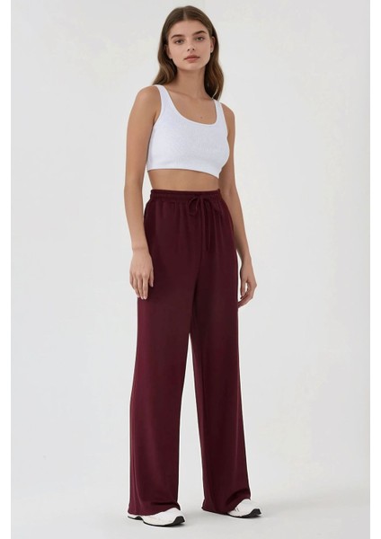 Kadın Wide Leg Beli Lastikli Örme Eşofman Altı Red