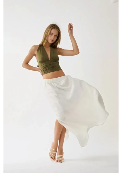 Kadın Keten Yüksek Bel Maksi Etek White