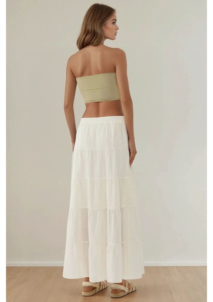 Kadın Keten Yüksek Bel Maksi Etek White