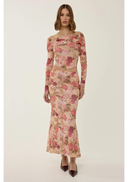 Kadın Desenli Maxi Etek Pink