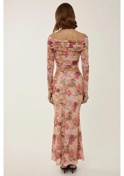 Kadın Desenli Maxi Etek Pink