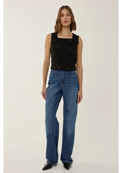 Kadın Kare Yaka Kruvaze Crop Yelek Black