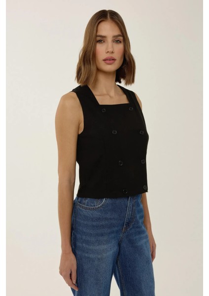 Kadın Kare Yaka Kruvaze Crop Yelek Black