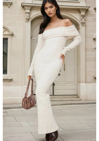 Kadın Omzu Açık Bodycon Ribana Maxi Elbise Natural