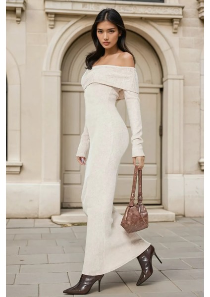 Kadın Omzu Açık Bodycon Ribana Maxi Elbise Natural