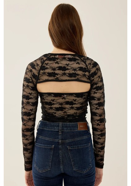 Kadın Dar Kesim Uzun Kollu Dantel Üst Siyah