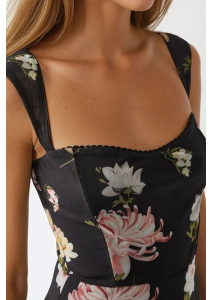 Kadın Kalp Yaka Desenli Maxi Elbise Black