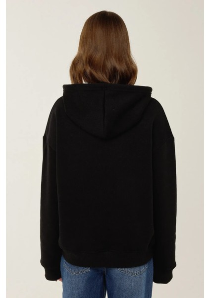 Kadın Rahat Fit Fermuarlı Kapüşonlu Hoodie Black