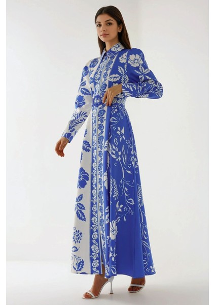 Kadın Baskılı Uzun Kol Kemerli Modest Elbise Blue