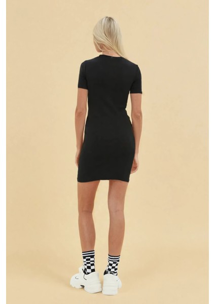 Kadın Bisiklet Yaka Kısa Kol Mini Elbise Black