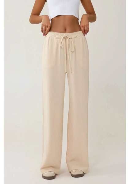 Kadın Yüksek Bel Rahat Kesim Pantolon Bej Doğal