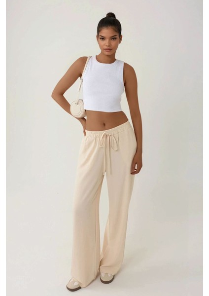 Kadın Yüksek Bel Rahat Kesim Pantolon Bej Doğal