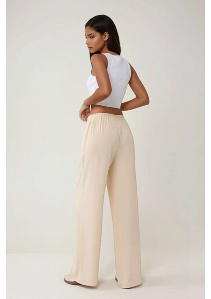Kadın Yüksek Bel Rahat Kesim Pantolon Bej Doğal