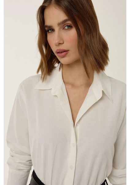 Kadın Düğmeli Uzun Kollu Gömlek Yaka Bodysuit Natural