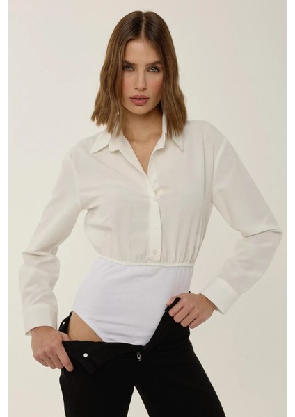 Kadın Düğmeli Uzun Kollu Gömlek Yaka Bodysuit Natural
