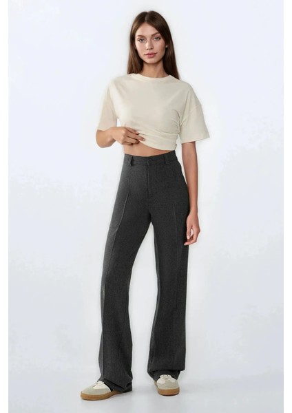 Kadın Yüksek Bel Straight Kumaş Pantolon Grey