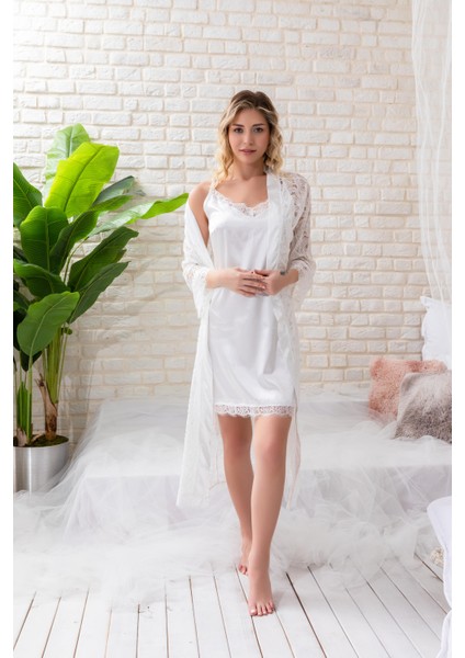 Gelin Set Saten Mini Askılı Gecelik ve String Takım Ekru (MGP32172) fiyatları