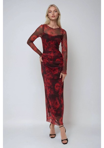Kadın Çiçek Desenli Bodycon Maxi Tül Elbise Kırmızı