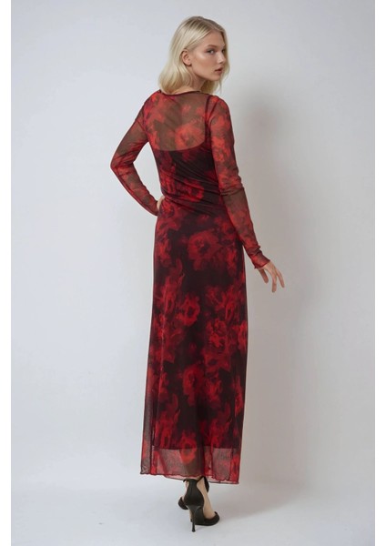 Kadın Çiçek Desenli Bodycon Maxi Tül Elbise Kırmızı
