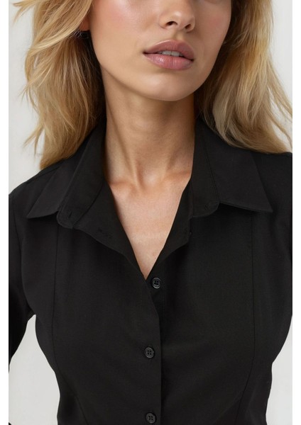 Kadın Dar Kesim Uzun Kollu Gömlek Siyah