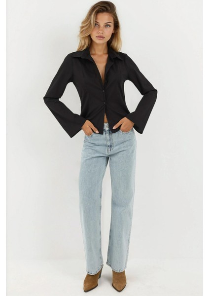 Kadın Dar Kesim Uzun Kollu Gömlek Siyah