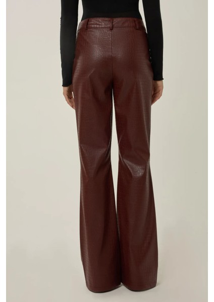 Kadın Yılan Desenli Suni Deri Flare Pantolon Kestane Kahvesi