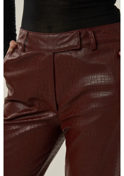 Kadın Yılan Desenli Suni Deri Flare Pantolon Kestane Kahvesi