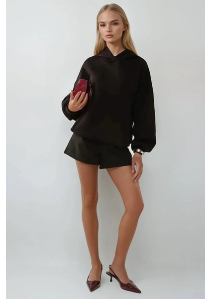 Kadın Extra Oversize Kapüşonlu Kalın Polarlı Hoodie Black