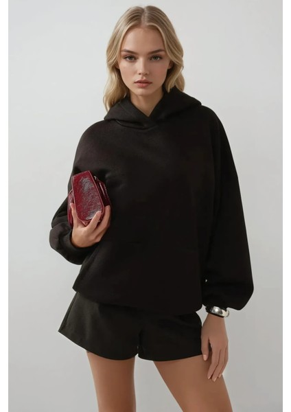Kadın Extra Oversize Kapüşonlu Kalın Polarlı Hoodie Black