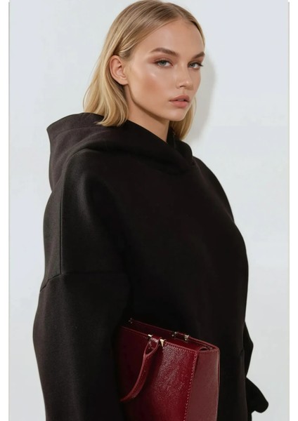 Kadın Extra Oversize Kapüşonlu Kalın Polarlı Hoodie Black