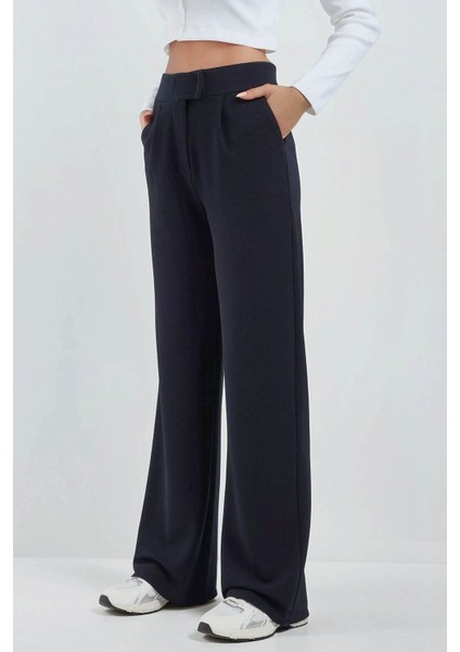Kadın Yüksek Bel Likralı Cırt Kapamalı Krep Palazzo Pantolon Blue