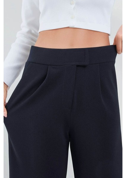 Kadın Yüksek Bel Likralı Cırt Kapamalı Krep Palazzo Pantolon Blue