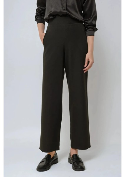 Kadın Yüksek Bel Geniş Paça Pantolon Siyah