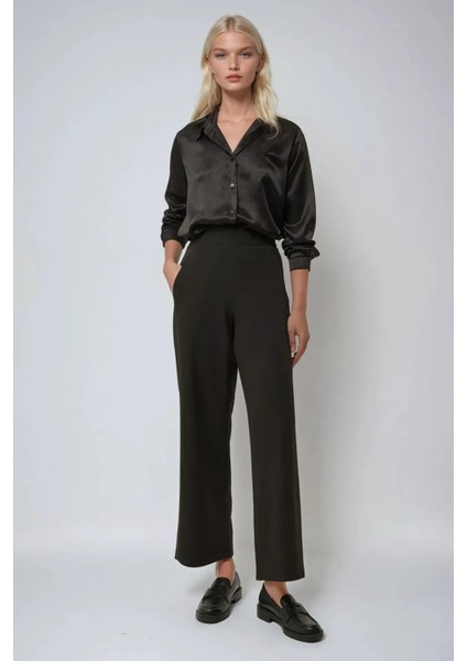 Kadın Yüksek Bel Geniş Paça Pantolon Siyah