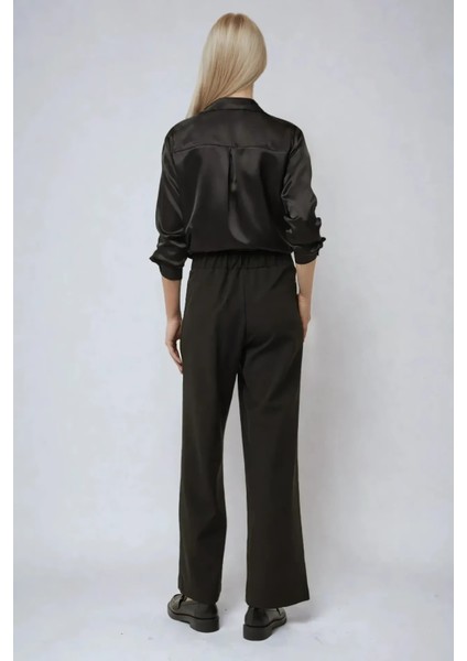 Kadın Yüksek Bel Geniş Paça Pantolon Siyah