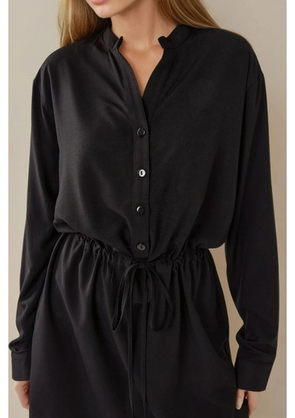Kadın Rahat Kesim Viskon Mini Gömlek Elbise Siyah