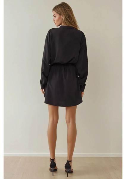 Kadın Rahat Kesim Viskon Mini Gömlek Elbise Siyah