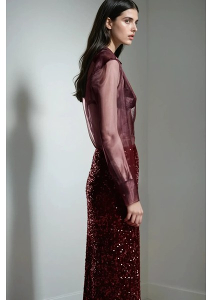 Kadın Yırtmaçlı Payetli Midi Etek Red