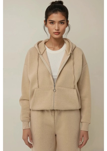 Kadın Oversize Fermuarlı Kapüşonlu Sweatshirt Natural