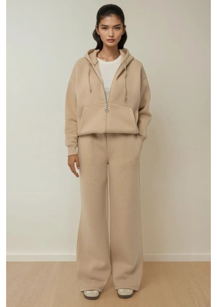 Kadın Oversize Fermuarlı Kapüşonlu Sweatshirt Natural