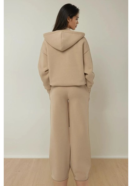 Kadın Oversize Fermuarlı Kapüşonlu Sweatshirt Natural