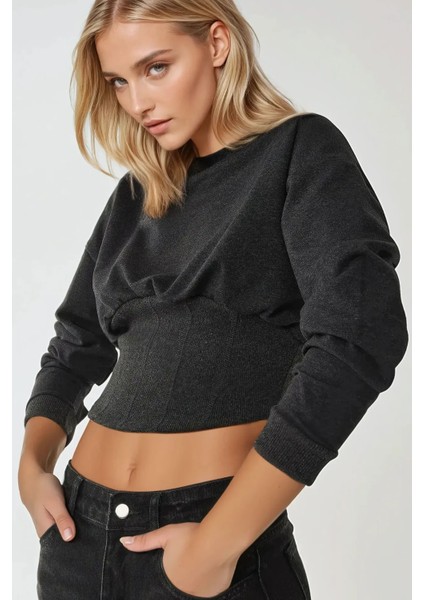 Kadın Dar Kesim Korseli Bisiklet Yaka Örme Sweatshirt Kömür Grisi