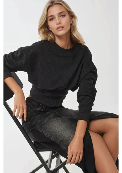 Kadın Dar Kesim Korseli Bisiklet Yaka Örme Sweatshirt Kömür Grisi