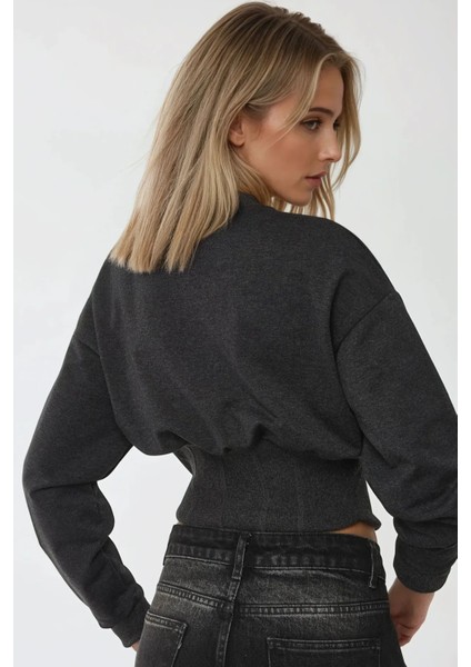 Kadın Dar Kesim Korseli Bisiklet Yaka Örme Sweatshirt Kömür Grisi