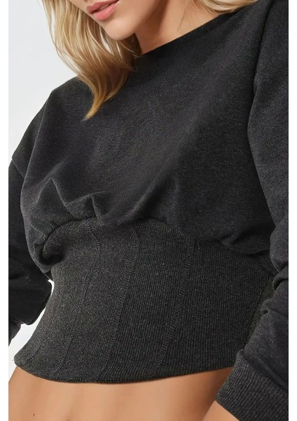 Kadın Dar Kesim Korseli Bisiklet Yaka Örme Sweatshirt Kömür Grisi