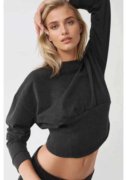 Kadın Dar Kesim Korseli Bisiklet Yaka Örme Sweatshirt Kömür Grisi