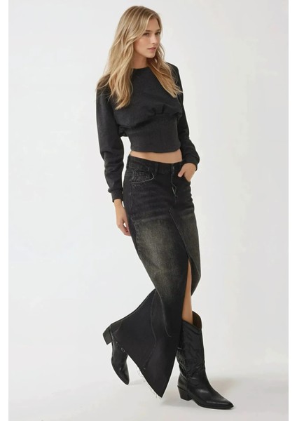 Kadın Dar Kesim Korseli Bisiklet Yaka Örme Sweatshirt Kömür Grisi